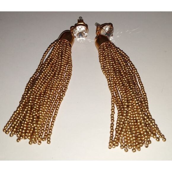Rhinestone & Gold Seed Bead Tassel Drop Dangle Earrings Unbranded NEW - Picture 3 of 3